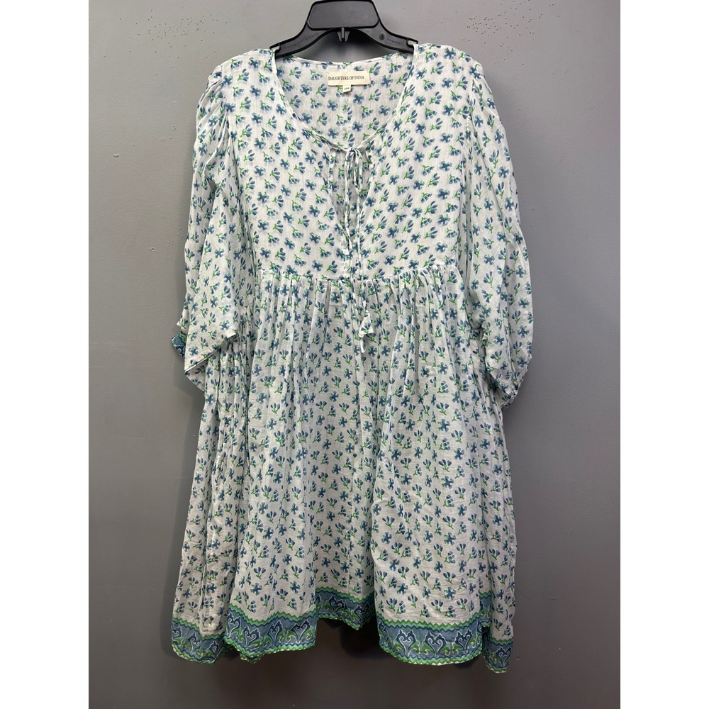 Daughters of India Dress Women 2XL White Blue Floral Kyra Mini Boho Pockets